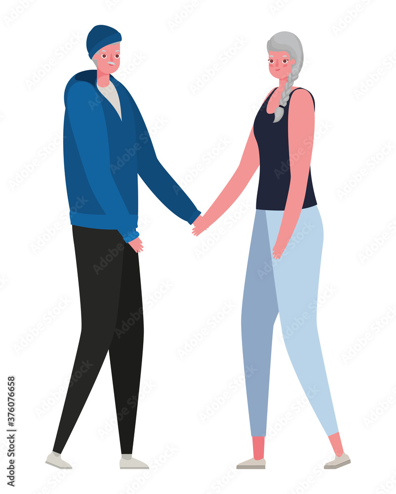 Fototapeta premium Senior woman and man cartoons with sportswear holding hands vector design