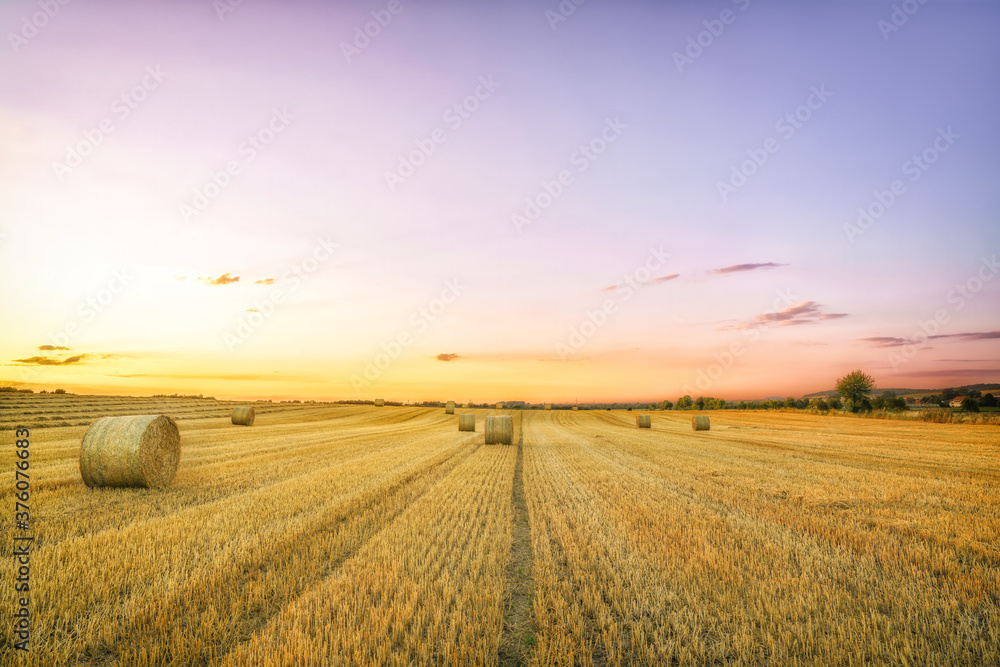 A summer hay field after harvest and large bales of hay on a warm summer evening and sunset