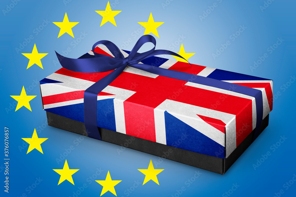 Gift box with Silk ribbon and UK Fag concept . Brexit concept Illustration  Stock | Adobe Stock