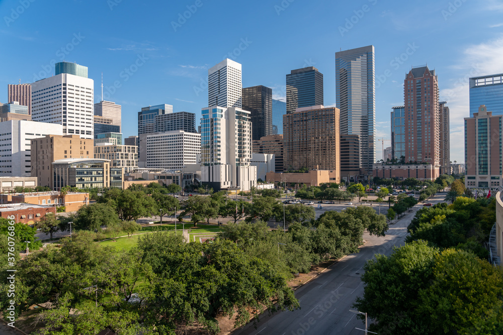 Aerial View of Empty Houston Texas Streets with Clear Blue Skies