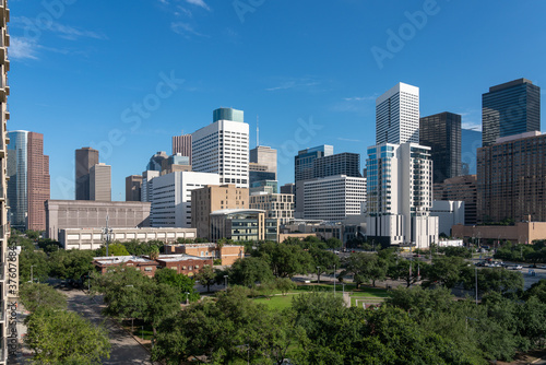 Aerial View of Downtown Houston Skyline With Large Park in the Middle