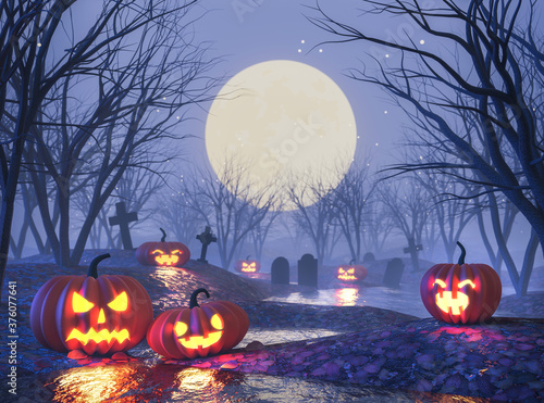 Halloween concept ,Jack o lantern pumpkin in the cemetery night 3d render,There are swamps and fog. Scary theme There are background with forest of dead trees,firefly;gravestone;and full moon.
