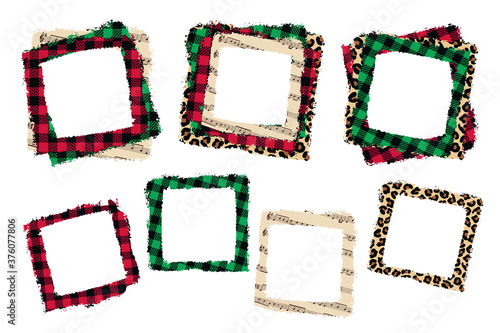 .Christmas various frames set .Buffalo plaid, leopard and music page background. Vector illustration.