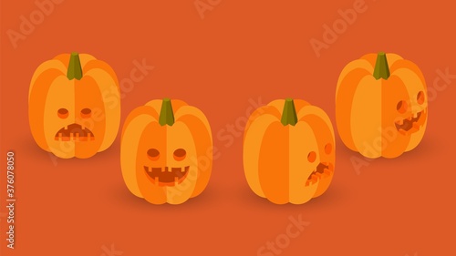 Set of isometric halloween pumpkins. Jack-o'-lanterns isolated on violet background.