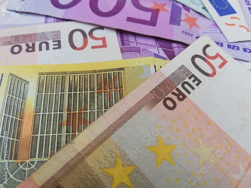 currency, money, euro, wealth, European currency, Europe cash, European bank, fifty euros, one hundred euros, two hundred euros,  five hundred euros, two hundred euros, one hundred euros, fifty euros, photo