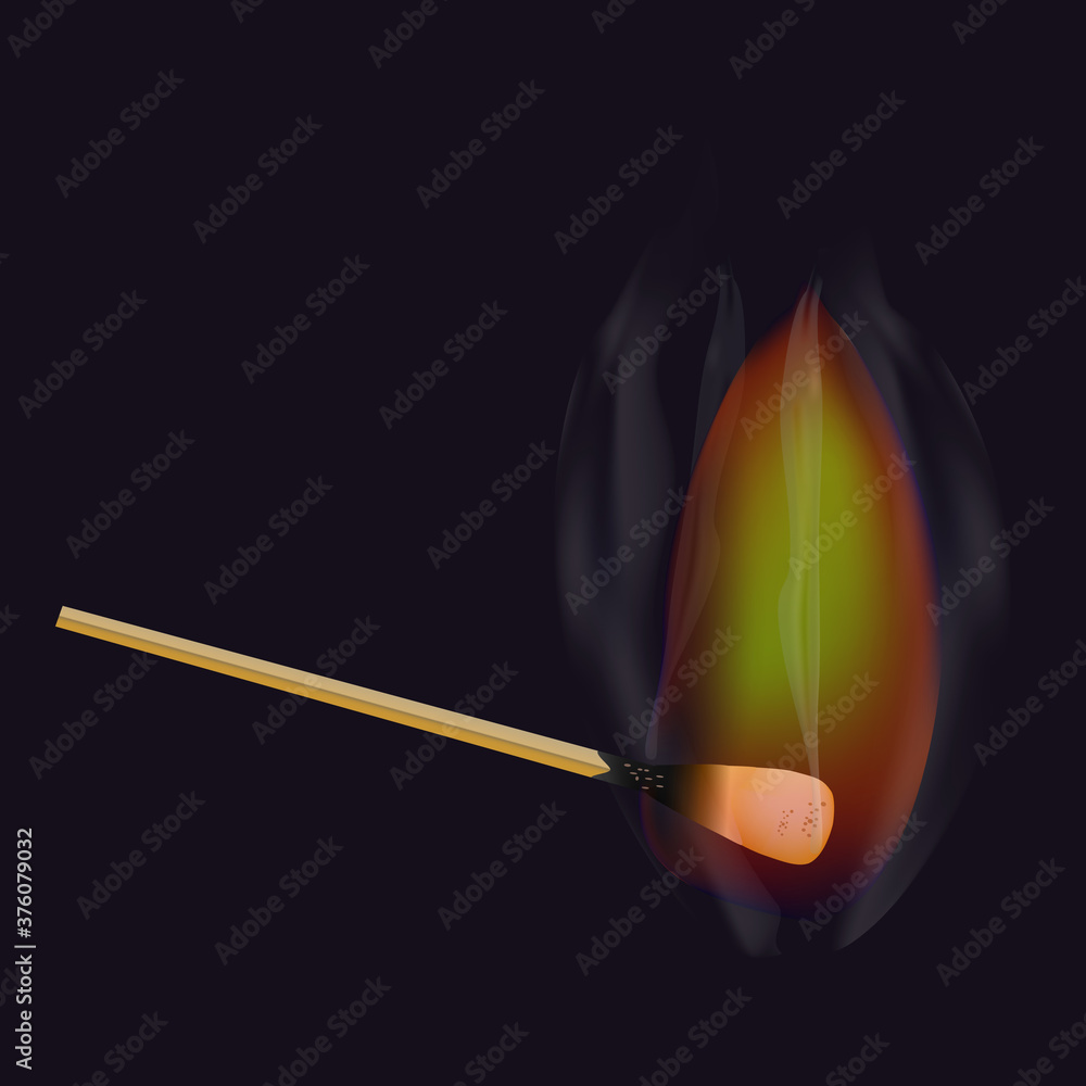 Burning match stick isolated on dark background. Wooden match with fire. Realistic matchstick and bright flame. Hot bright orange flame on single lit matchstick. Stock vector illustration