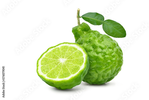 Schilderij op canvas Bergamot fruit with cut in half and leaf isolated on white background