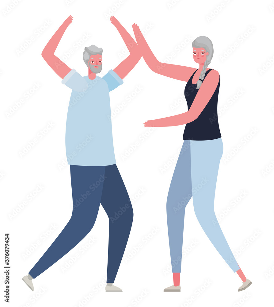 Senior woman and man cartoons with hands up vector design Senior woman and man cartoons with hands up vector design