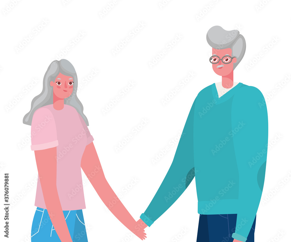 Senior woman and man cartoons holding hands vector design Senior woman and man cartoons holding hands vector design