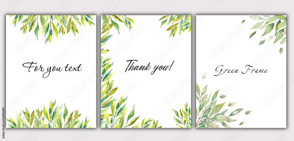 Watercolor illustration. A set of templates for text placement. Place for your text in a frame made of flora elements in the style of greenery.