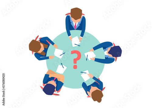 Vector of businesspeople sitting at the round table, brainstorming, solving a problem