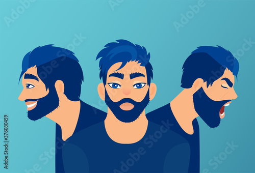 Vector of a man with mood swings, bipolar disorder expressing anger and happiness