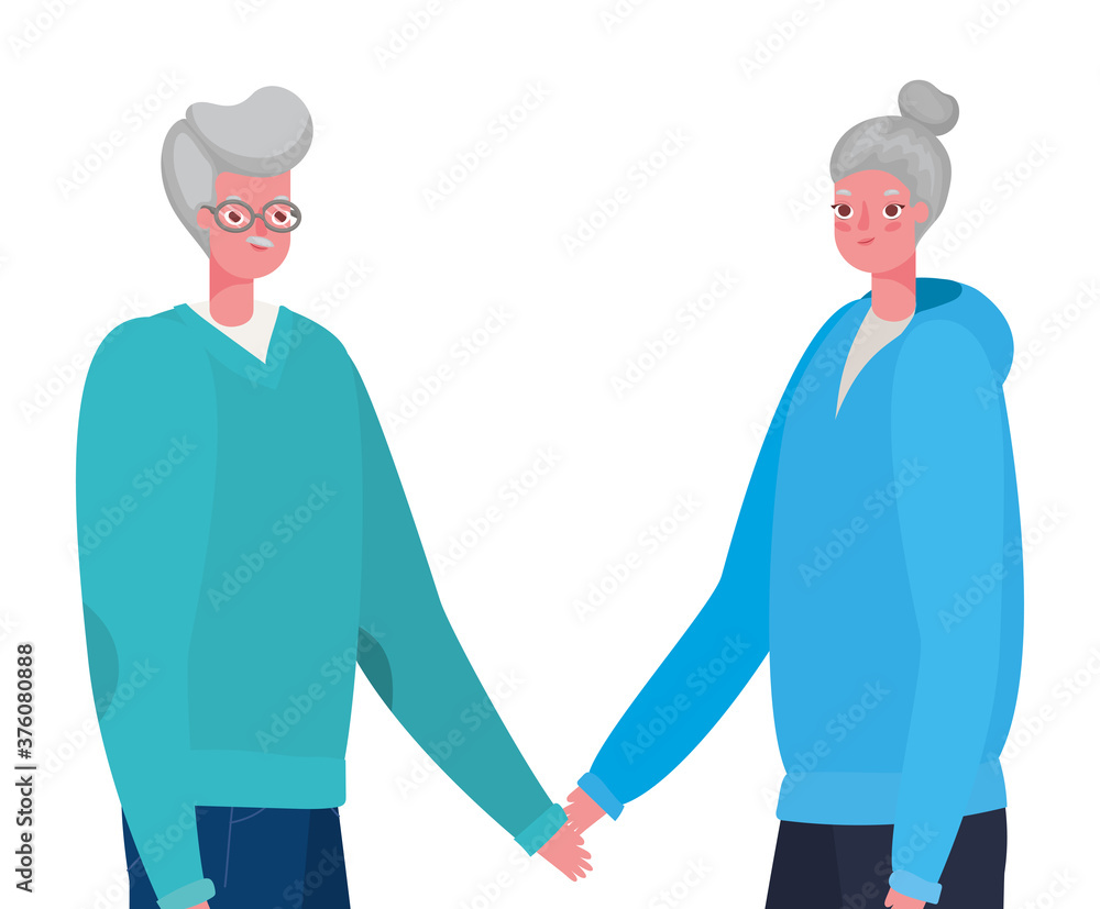 Senior woman and man cartoons holding hands vector design
