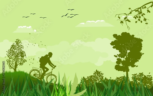 Green Vector landscape with silhouettes of cyclist, trees, adventure time theme.