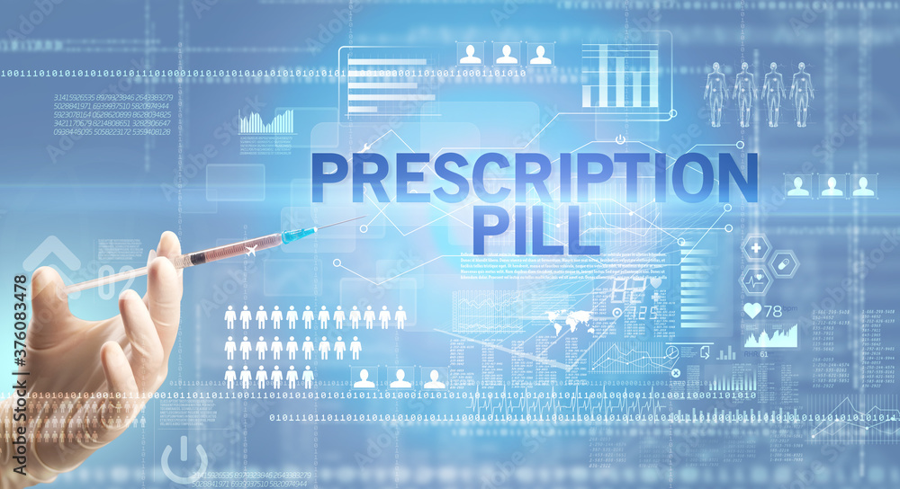 Close-up view of doctor's hand in a white glove holding syringe with PRESCRIPTION PILL inscription, healthcare and medical concept Close-up view of doctor's hand in a white glove holding syringe with PRESCRIPTION PILL inscription, healthcare and medical concept