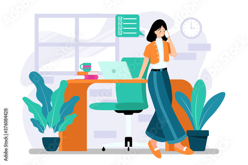 office lady is calling at office. Flat Art vector.