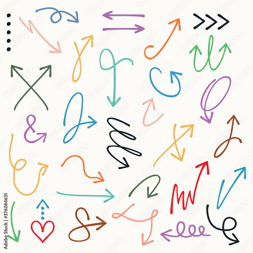 Colorful curvy and odd shape hand drawn direction arrows and pointers set on off white background Colorful curvy and odd shape hand drawn direction arrows and pointers set on off white background