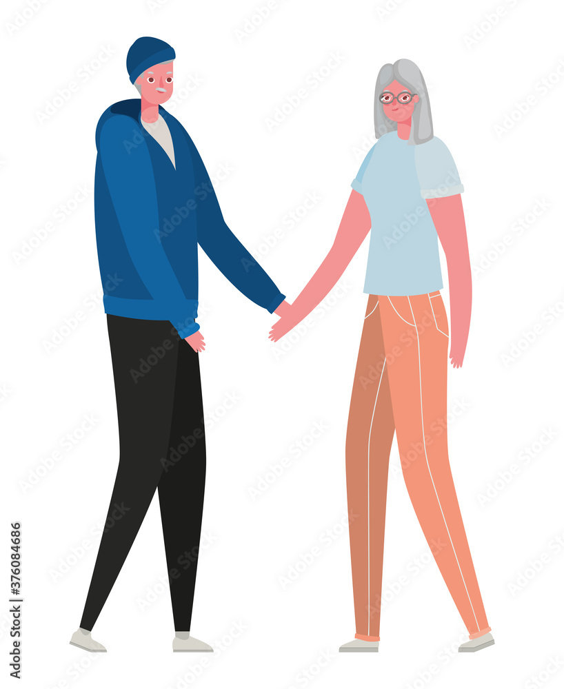 Fototapeta premium Senior woman and man cartoons with sportswear holding hands vector design