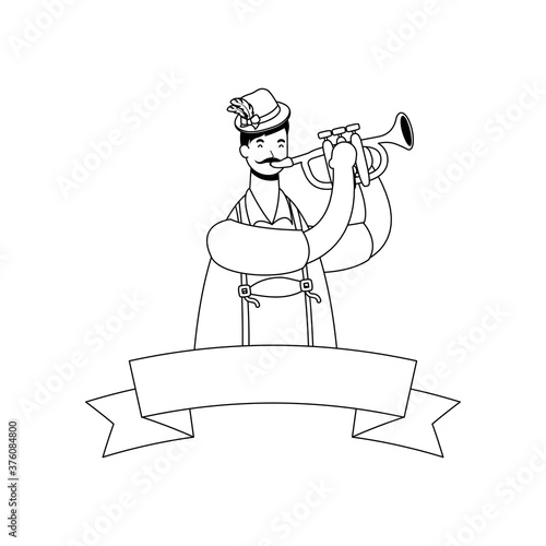 german man wearing tyrolean suit playing trumpet ribbon frame line style