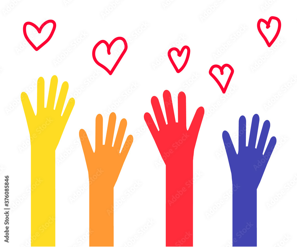 The hands of various people are raised up. Symbol. Vector illustration. The hands of various people are raised up. Symbol. Vector illustration.