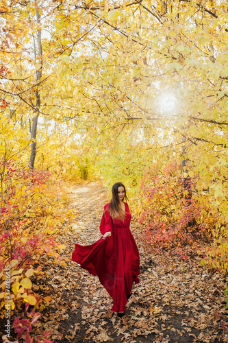 Beautiful girl walking outdoors in autumn colorful forest. Young girl enjoying autumn weather.