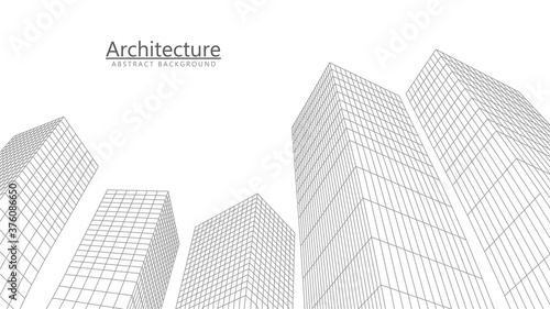 Modern architecture grid background. Wireframe perspective buildings on white background. Vector illustration.