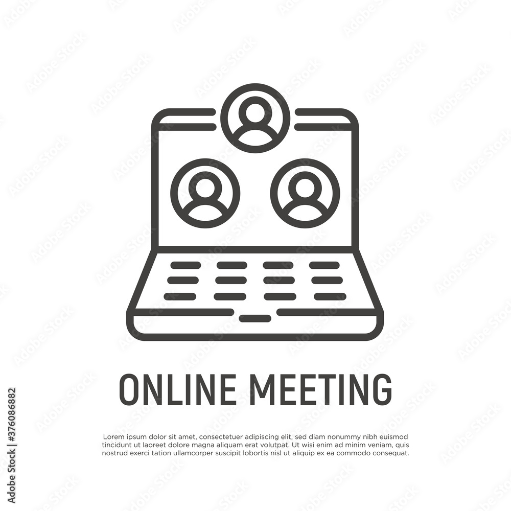 Online meeting thin line icon. Video call on laptop. Webinar, online conference, distant learning. Vector illustration. Online meeting thin line icon. Video call on laptop. Webinar, online conference, distant learning. Vector illustration.