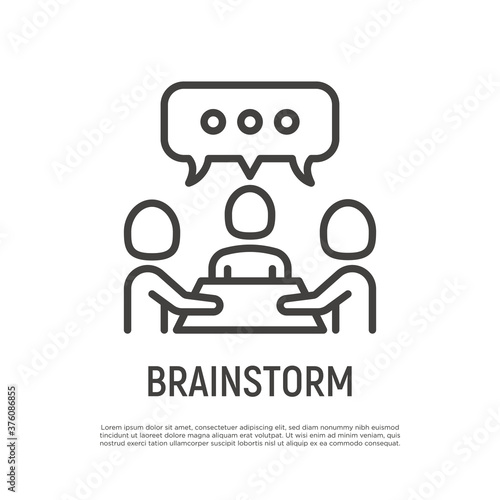 Collaboration, teamwork thin line icon: people at brainstorm. Successful communication. Modern vector illustration.
