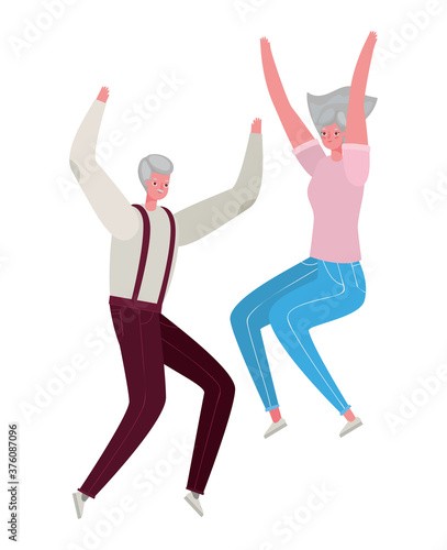 Senior woman and man cartoons jumping vector design