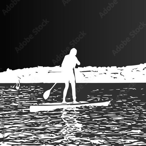 Doodle people on sup isolated on white. Sport vector stock illustration. EPS 10