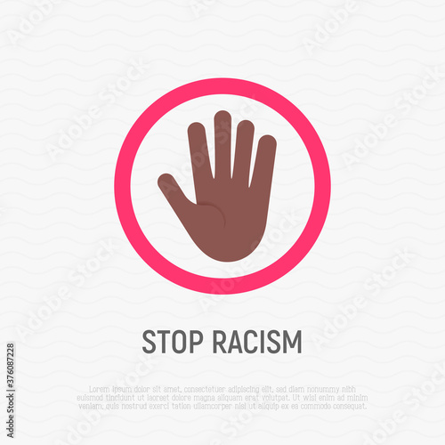 No racism flat icon. Hand gesture stop by palm. Stop discrimination. Tolerance. Vector illustration.