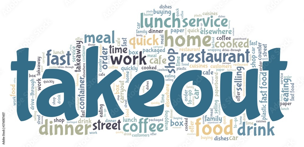 Takeout vector illustration word cloud isolated on a white background.