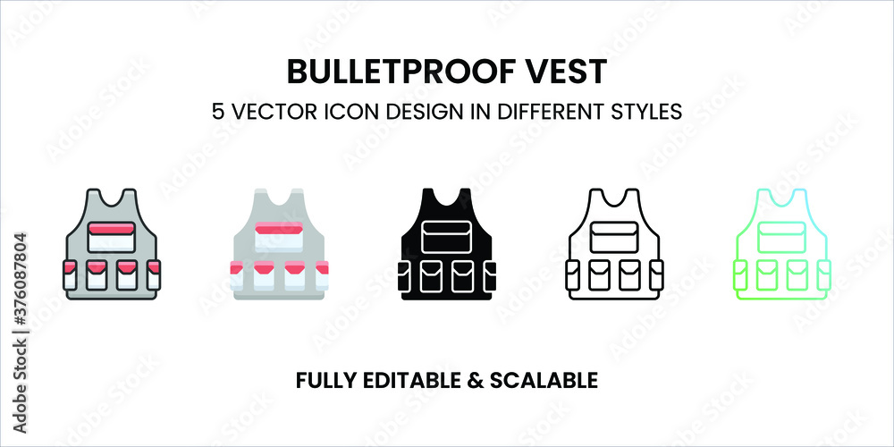 Bulletproof Vest vector icon in colored outline, flat, glyph, line, and gradient