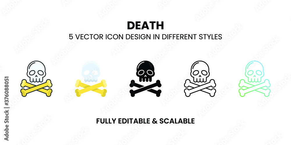 Death vector icon in colored outline, flat, glyph, line, and gradient