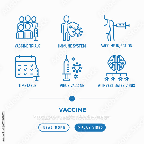Vaccine thin line icons set: syringe, immune system, injection in forearm, vaccine trials, timetable, ai investigates virus. Vector illustration.