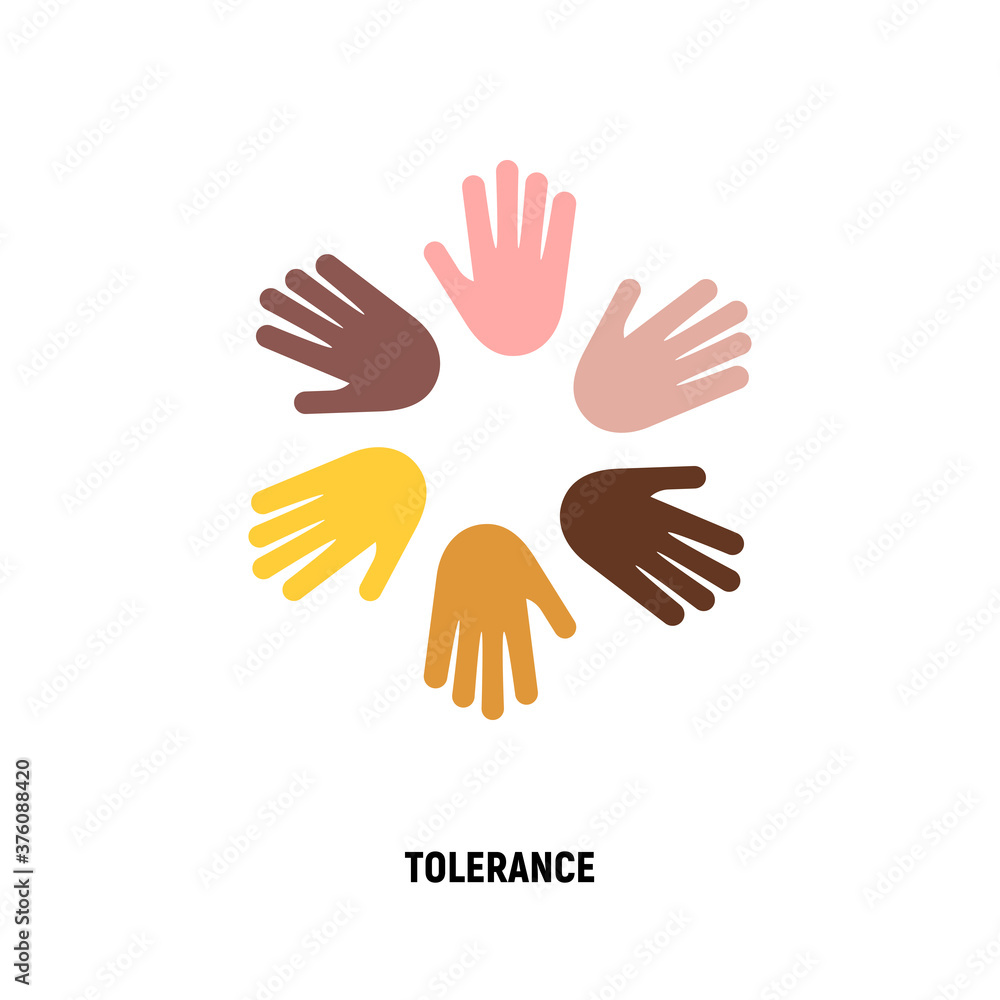 International day of tolerance. Multicultural partnership, pacifism, support and help to integration. Hands of different nationalities in circle. Flat icon. Vector illustration. International day of tolerance. Multicultural partnership, pacifism, support and help to integration. Hands of different nationalities in circle. Flat icon. Vector illustration.