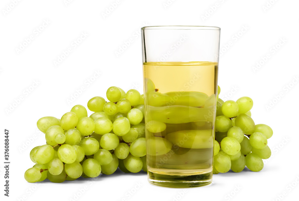 Bunch of sweet green grape and glass of fresh fruit juice isolated on white background. Bunch of sweet green grape and glass of fresh fruit juice isolated on white background.