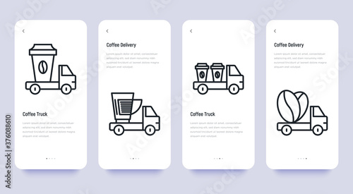 Mobile user interface for street cafe contains coffee truck with thin line icons of coffee machine, coffee maker, bag and beans. Coffee delivery, takeaway. Vector illustration.