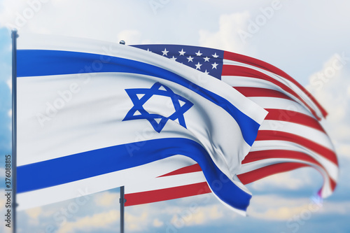 Waving American flag and flag of Israel. Closeup view, 3D illustration.