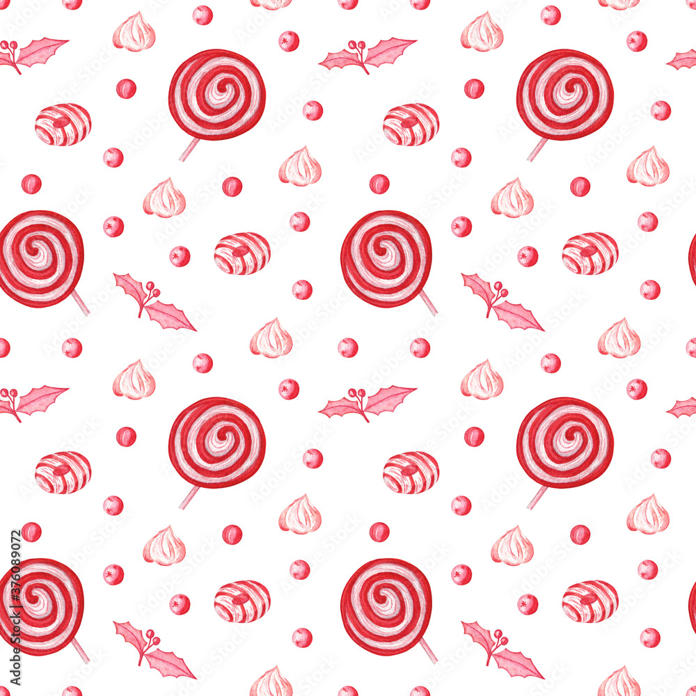 Christmas seamless pattern with lollipops, bonbons, marshmallows and holly berries. Cute and festive hand-drawn illustration for wrapping paper, backgrounds, wallpaper and graphic design projects. 