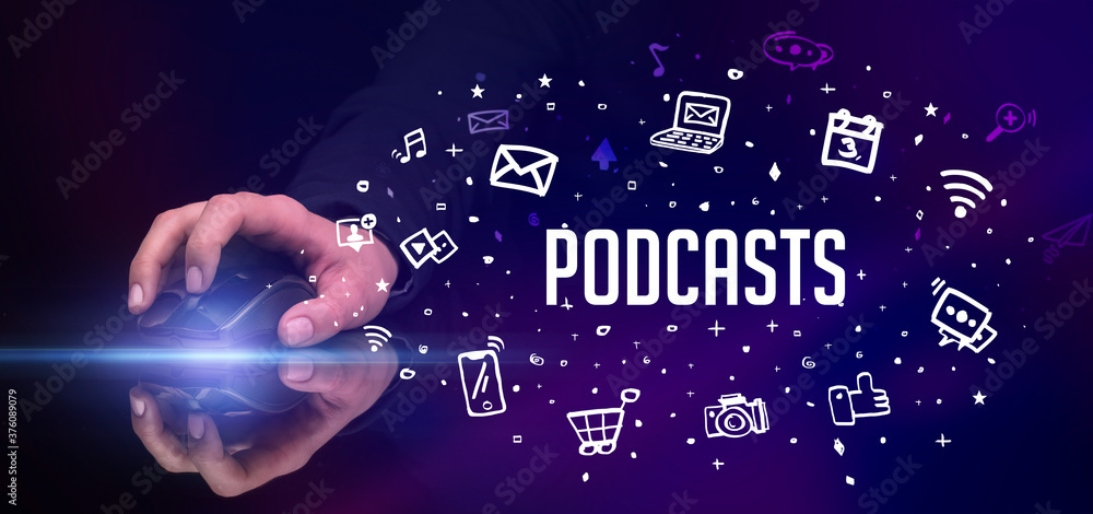 hand holding wireless peripheral with PODCASTS inscription, social media concept hand holding wireless peripheral with PODCASTS inscription, social media concept