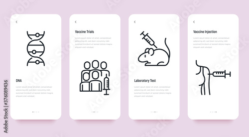 Vaccine thin line icons set: DNA, laboratory test, immune system, injection in forearm,  vaccine trials. Vector illustration, template with copy space.
