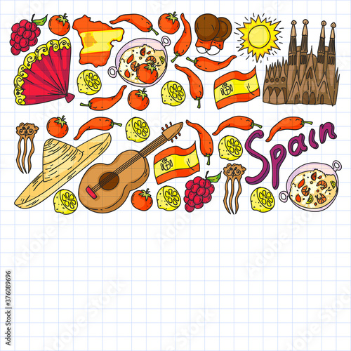 Spain travel. Pattern with spanish vector doodles elements. Eat spanish food. Play spanish guitar, dance flamenco. Traditional icons of bull, wine, dresses.