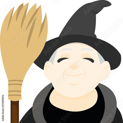 Vector emoticon illustration of a witch with a broom