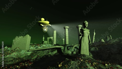 Bathyscaphe exploring ruins submerged in the sea