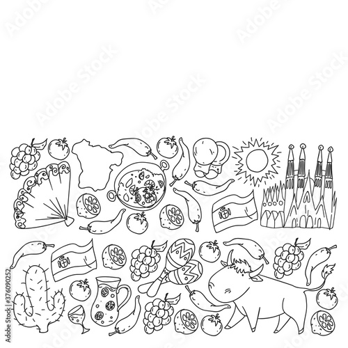 Spain travel. Coloring page. Pattern with spanish vector doodles elements. Eat spanish food. Play spanish guitar  dance flamenco. Traditional icons of bull  wine  dresses.