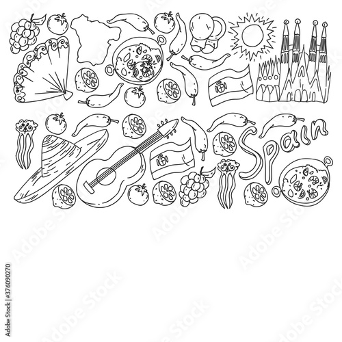 Spain travel. Coloring page. Pattern with spanish vector doodles elements. Eat spanish food. Play spanish guitar, dance flamenco. Traditional icons of bull, wine, dresses.
