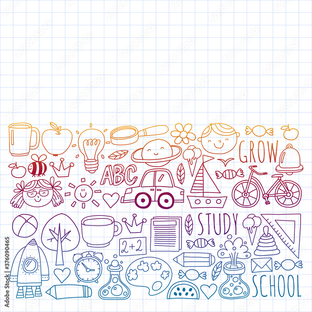 Back to School vector doodle set. Supplies for sport, art, reading, science, geography, biology, physics, mathematics, astronomy, chemistry.
