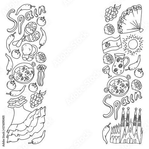 Spain travel. Coloring page. Pattern with spanish vector doodles elements. Eat spanish food. Play spanish guitar, dance flamenco. Traditional icons of bull, wine, dresses.