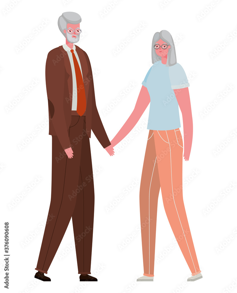 Senior woman and man cartoons holding hands vector design Senior woman and man cartoons holding hands vector design